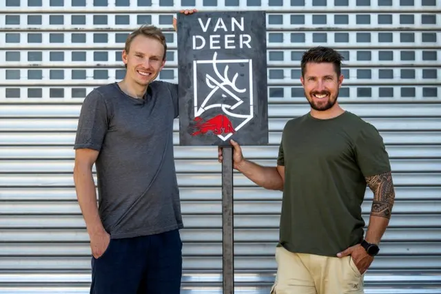 Henrik Kristoffersen of Norway and Marcel Hirscher of Austria present the new VAN DEER-Red Bull Sports brand