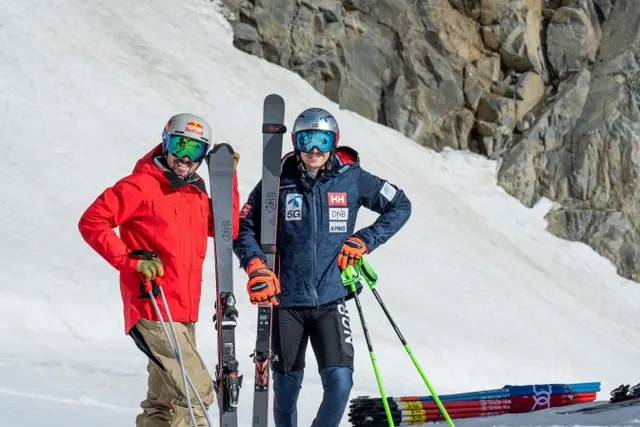 Marcel Hirscher of Austria and Henrik Kristoffersen of Norway present the new VAN DEER-Red Bull Sports brand