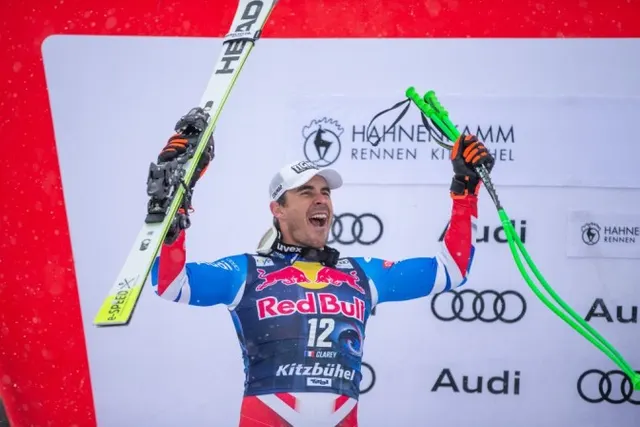 Johan Clarey on the podium in Kitzbühel at the age of 42